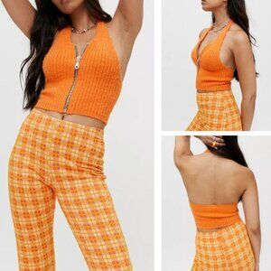 NWT THE RAGGED PRIEST Bug Fuzzy Ribbed Knit Sweater Halter Top Size Small Orange
